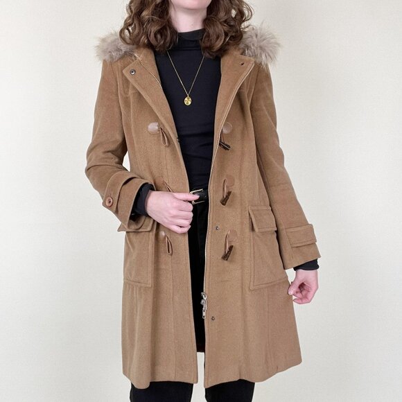 Vintage 100% Cashmere Fur Hood Duffle Jacket Peacoat Toggle Long Winter Pea Coat - Picture 1 of 11